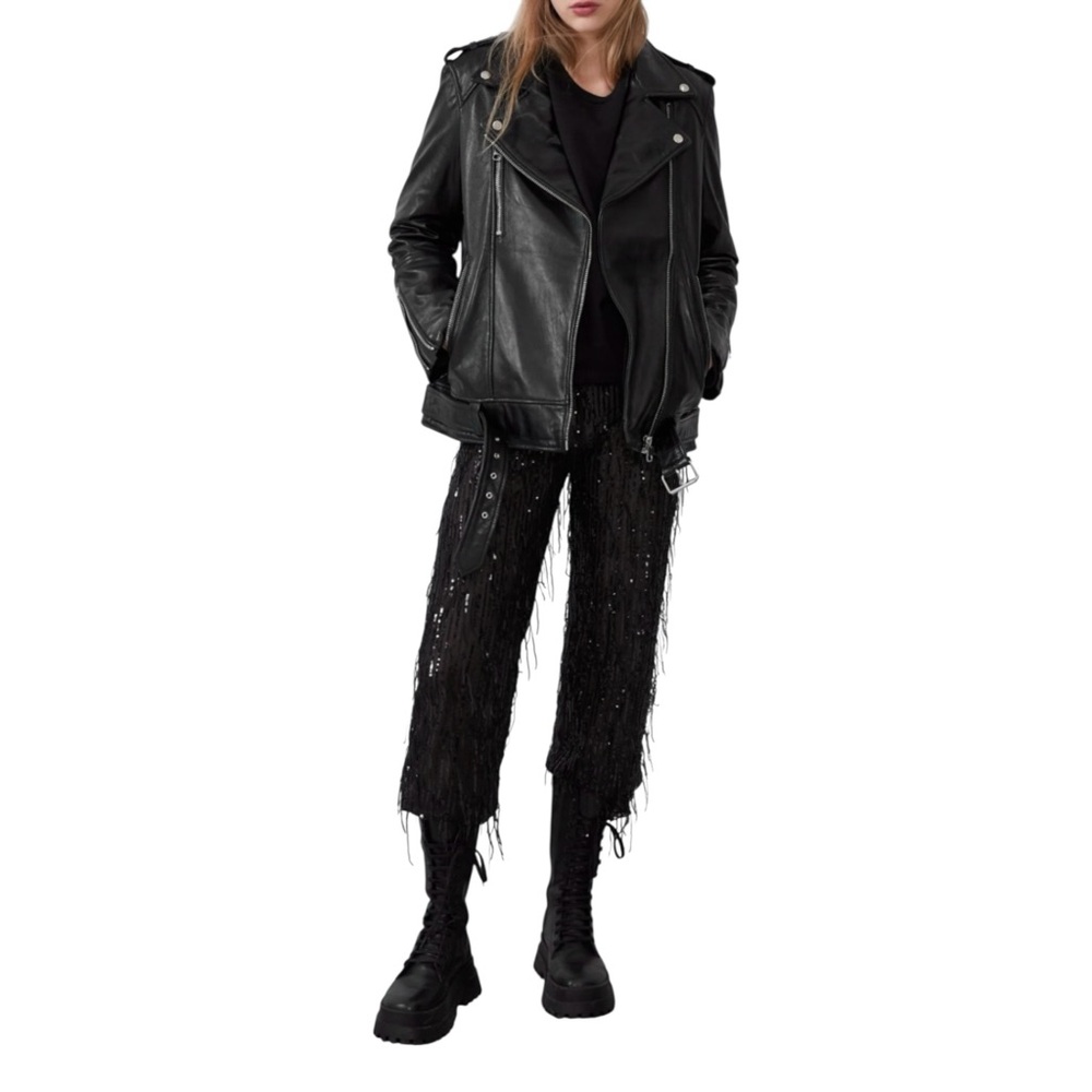 Zara TRF Collection Black Genuine Leather Biker Jacket Women Size S/M Moto Coat
